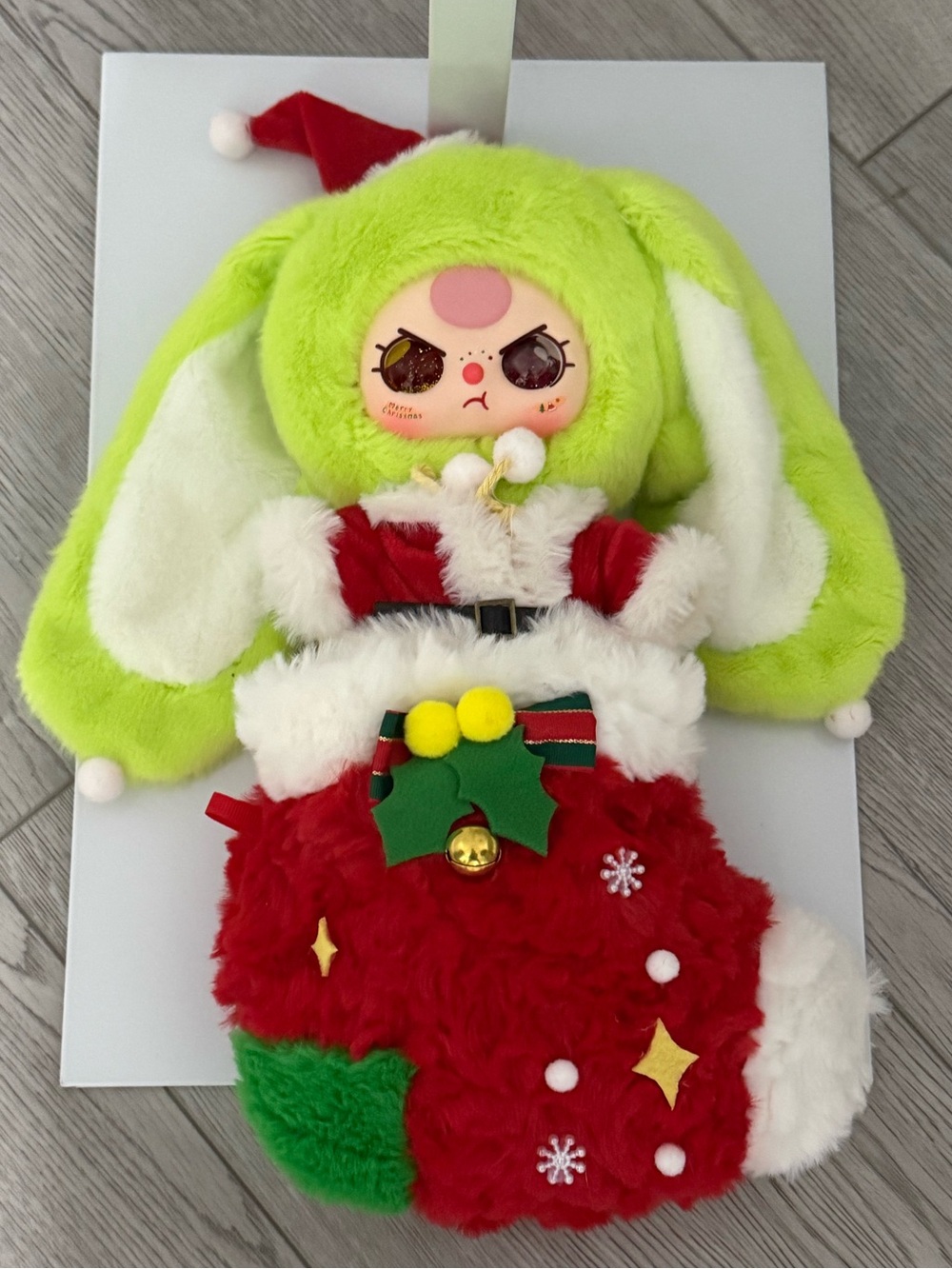Baby Three 400% Christmas Green Bunny Plush Gold Glitter Eyes NEW No Card-No Box